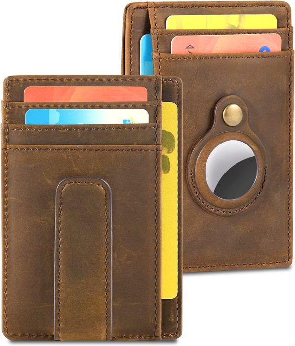 Slim Wallet Brown Leather + AirTag RFID Blocking Magnet | Brown