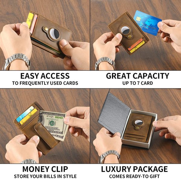 Slim Wallet Brown Leather + AirTag RFID Blocking Magnet | Brown - Image 3