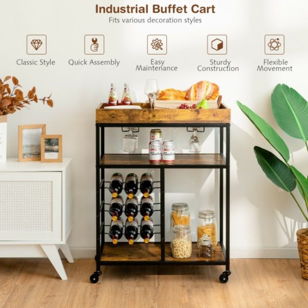 Rolling Kitchen Serving Cart Metal Frame | Wood Rustic Brown - Image 2