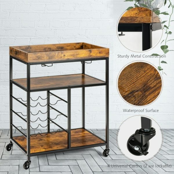 Rolling Kitchen Serving Cart Metal Frame | Wood Rustic Brown - Image 5